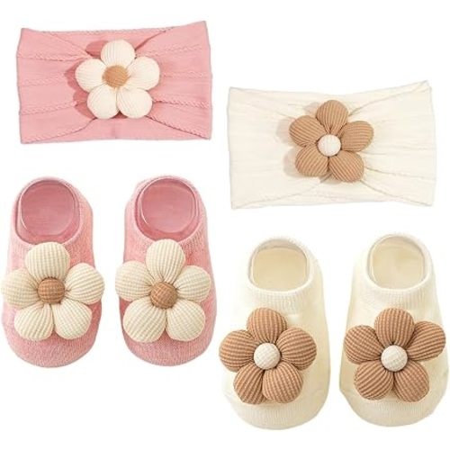 2 Sets Baby Flower Headband and Socks Cute Headband and Non-Slip Socks Sets for Toddler Newborn Infant Girl