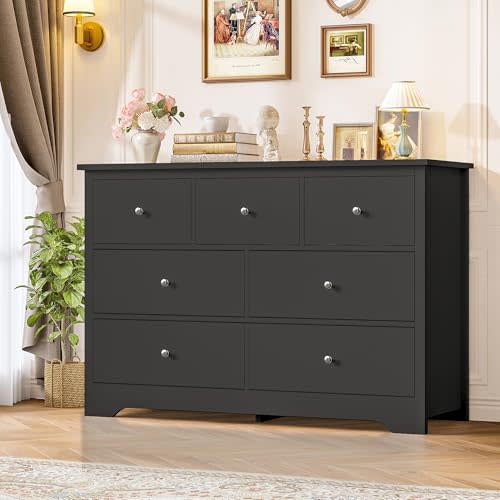 FOTOSOK Black Dresser 7 Drawer with 19'' Deeper Depth, 47.2'' Black Chest of Drawers Modern Dresser with Metal Handles, Black Dresser Chest of Drawers with Large Drawer Storage Space for Home