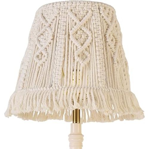 White-Ivory Boho Woven Lamp Shade Bell Tassels Lampshade 7.5``Top x 12``Bottom x 11``High(Spider) Medium Handmade Lamp Shades for Table & Bedside Lamp - Easy Assemble