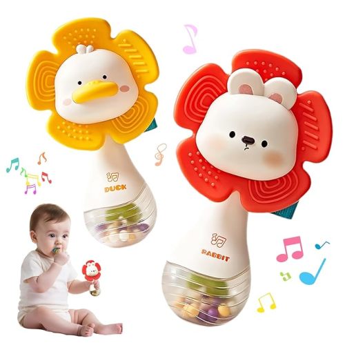 weirtoya 2 PCS Baby Rattles Teething Toys 3-6 Month, Baby Toys for 0-6 Months Infant Toy Sensory Toys with Beads Grasping Shaker, Newborn Must Haves Montessori Toys Babies Gifts