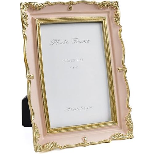 4x6 Vintage Picture Frame Pink and Gold Photo Frame, 4 by 6 Picture Frames Ornate Textured Hand-Crafted Resin with Glass Front for Tabletop Display, Retro Design Home Decor
