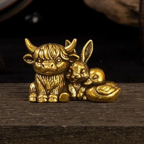 100% Solid Brass Highland Cow, Bunny and Duck Figurine, Farmhouse Decor