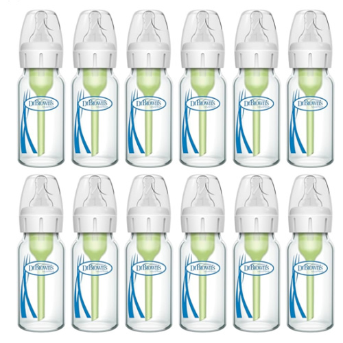 Dr. Brown's Anti-Colic Options+ Narrow Glass Baby Bottle with Level 1 Slow Flow Nipple, BPA-Free, 4 oz/120mL, 12-Pack