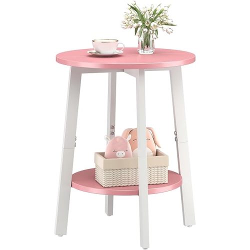 Side Table, Small Round End Table with Storage Shelf for Small Space, 2-Tier Bedside Table Sofa Couch Table, Round Accent Table Nighstands for Living Room, Bedroom, Pink