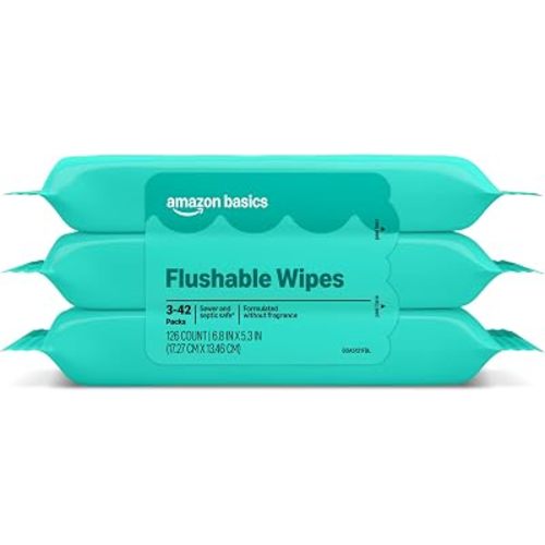 Amazon Basics Adult Wet Wipes Flushable Fragrance Free, 126 Count (3 Packs of 42), Packaging May Vary