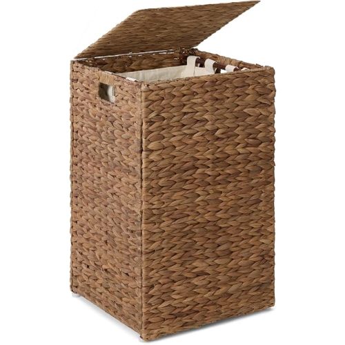 Best Choice Products Small Laundry Hamper with Lid, Natural Handwoven Hyacinth Laundry Basket, W/Removeable & Washable Liner Bag, Portable, Handles, 18 Gallon (67 liters) - Chestnut