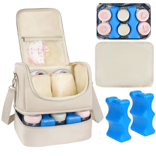 Wearable Breast Pump Bag with Cooler Compartment Fits for Willow/Elvie/Momcozy M5/S12 Pro/Medela, Breast Milk Travel Tote Bag with Ice Pack & Waterproof Mat,Apricot