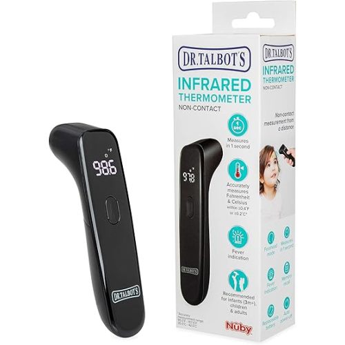 Dr. Talbot's Non-Contact Acrylic Infrared Thermometer with Led Screen, Fever Warning Indicator, Accurate 1 S Reading for Baby, Kids, Adults, Black