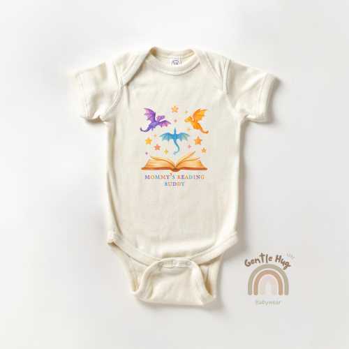 Mommy’s Reading Buddy Baby Onesie® Brand, Adorable Book Lover Bodysuit, Whimsical Dragon Reading Outfit, Natural Neutral Infant Clothes