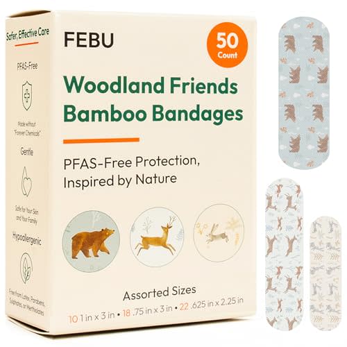 FEBU Woodland Friends Print Bamboo Fabric Bandages, 50 Count Strip | PFAS Free, Natural Hypoallergenic, Compostable, Latex Free; For Scraps, Cuts and First Aid