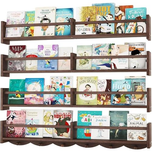 34Inch Nursery Bookshelves,Set of 4,Wall Floating Shelf Kids Coat Rack with 6Hooks,Hanging Book Shelf for Baby Nursery Room Décor (Dark Brown, 34)