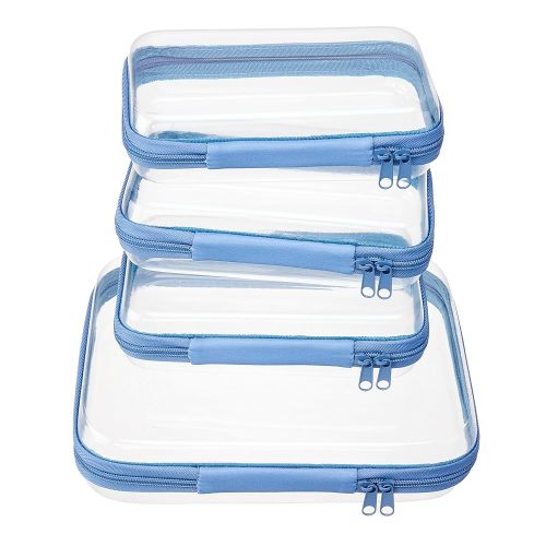 4 pcs Clear Zipper Pouches,Hard Shell Zipper Case, Toiletry Bag for Travel, CLear Diaper Bag, Toiletry Pouch, Travel Organizer, Clear Cosmetic Bag,Toy Storage Bins (M+3S) (Blue)