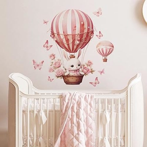 Pink Bunny Butterfly Rose Hot Air Balloon Wall Stickers, sacinora Cute Rabbit Wall Decals Removable Vinyl Peel and Stick for Kids Baby Girls Nursery Living Room Bedroom Preschool Art Decorations