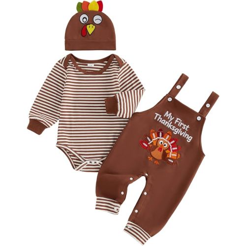 BeQeuewll Baby Boy Thanksgiving Outfit Newborn Infant Knit Romper+Turkey Pants Overalls+Hats Boys First Thanksgiving Outfit