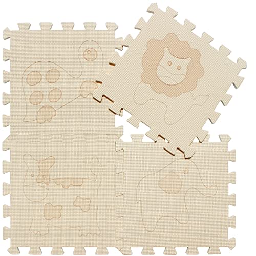 qqpp EVA 18 Tiles Baby Play Mat for Playing, Interlocking Foam Floor Mats for Tummy Time & Crawling, Puzzle Flooring Tiles with Animals Laser Pattern for Kids. Beige. QL-11(J) b18N