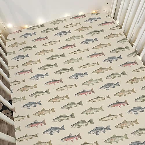 Lake Fishing Baby Crib Sheets for Boy Girl 52"x28" Freshwater Fishes Soft Snug Fitted Crib Mattress Covers Hunting Camping Nursery Baby Sheet for Crib & Toddler Bed Mattress Fishing Lover Gift