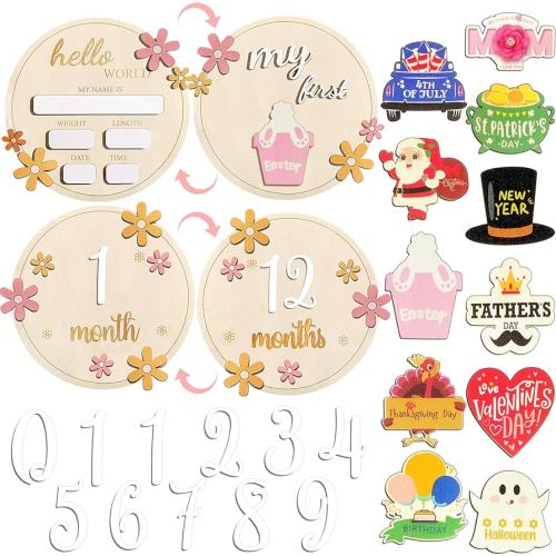 Yerliker 24 Pcs Baby Monthly Milestone Cards 3D Wooden My First Holiday Milestone Signs Fathers Day 4th of July Announcement Sign Wood Discs Festive Decor Photography Prop DIY Gift for Newborn