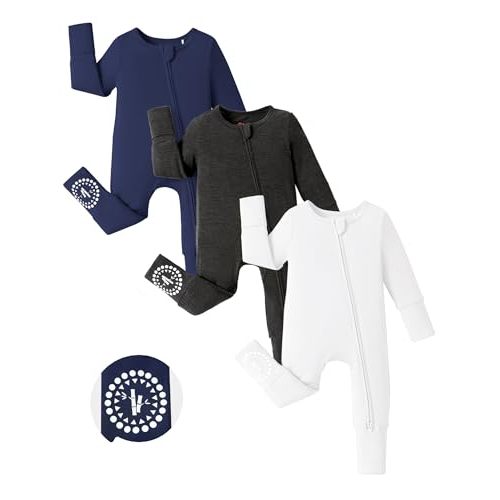 PATPAT Baby Footies Boys Girls - Bamboo Viscose - Zipper & Non-Slip Soles Romper Mitten - Footed & Footless Infant Clothes