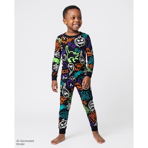 Baby And Toddler Glow Halloween Graffiti Snug Fit Cotton Pajamas - Black