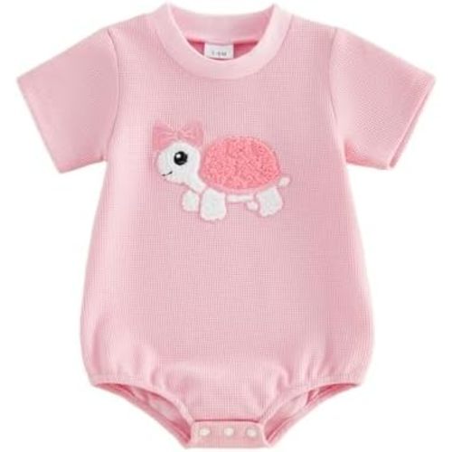 Infant Baby Girl Turtle Romper Newborn Coming Home Outfit Summer Clothes Embroiderey Bow Short Sleeve Waffle Bodysuit