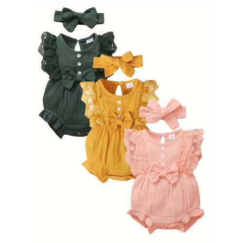 Mikrdoo Baby Girls' Bodysuit - 3 Pack Lace Decorated Comfy Cotton Onesie Romper - 3-6 Months