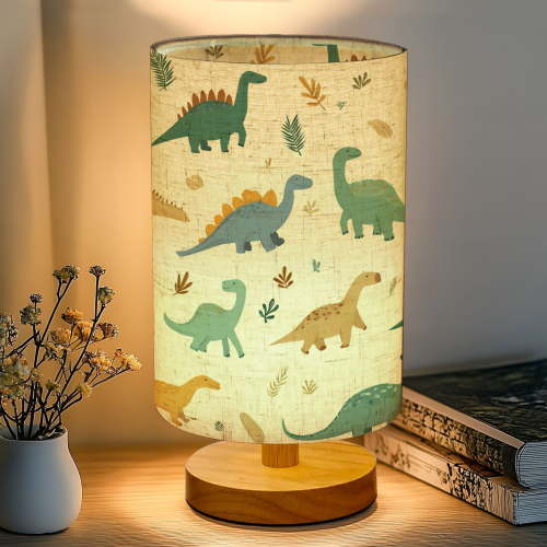 16-Color Table Lamp, Cute Dinosaurs Foliage Dimmable Bedside Nightstand Light with Wood Base Fabric Shade, Gifts for Kids Bedroom Nursery Living Room Office
