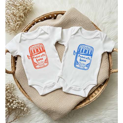 Packed with Love Sardine Tin illustration Infant Bodysuit, Sardine Onesies®, Blue and Red Color Sardine Tin