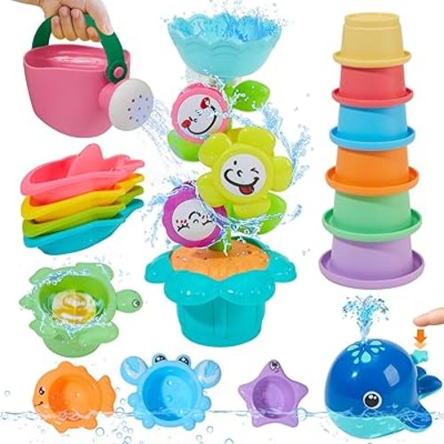 Toddler Bath Toys for Kids Ages 1-3, 17PCS Easy Clean & Colorful Mold Free Bath Toys for Babies 6-12 Months with Educational Stacking Cups Fun Bathtub Pool Water Toys for Toddler 2-4 Stocking Stuffers