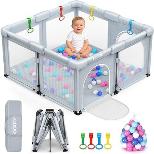 OCATO Baby Playpen: Foldable Playpen for Babies and Toddlers Large Play Pen Portable Playpen Fence Indoor Outdoor Kids Safety Area Travel Play Yard with 1 Storage Bag 4 Handlers 50 Balls (50" × 50")