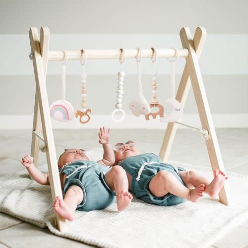 Mallify Wooden Baby Gym with 6 Gym Toys, Foldable Baby Play Gym, Natural Pine Wood Play Gym, Frame Activity Center Hanging Bar, Wooden Play Gym
