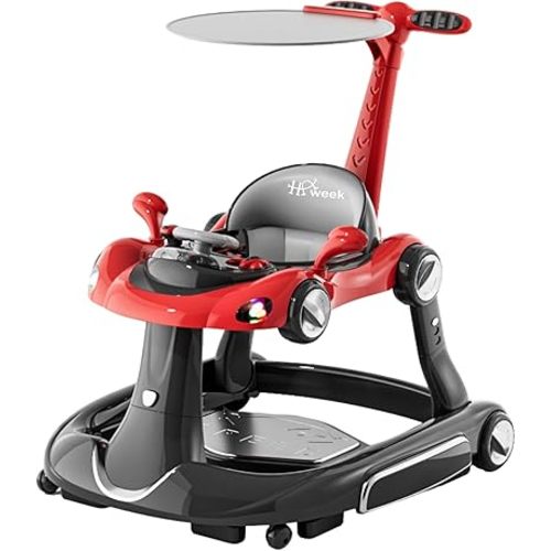 Baby Walker with Wheels, 7-in-1 Foldable Baby Walkers for Boys Girls 6-12 Months with Feeding Tray & Music, Lights,Rocker,Sun Canopy, Bouncing Pedal, Adjustable Wheel Speed, Push Walker (Red)