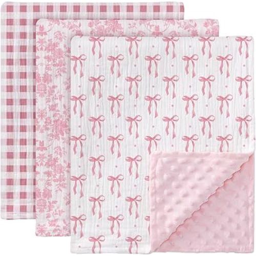 3 Pack Baby Blankets for Unisex Girls, Pink Bow Gingham Floral