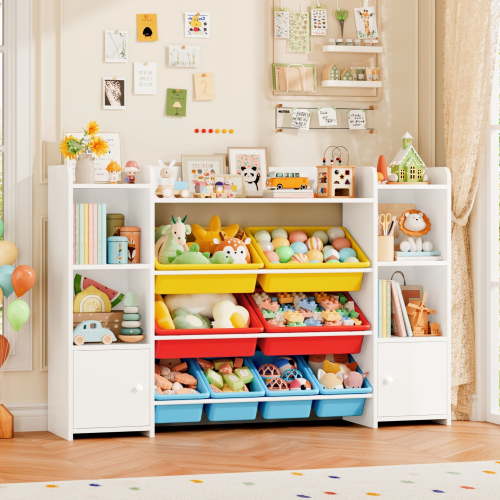 Homfa Kids Toy Cubby Bookcase with 9 Bins White Storage Organizer Bookshelf with 2 Doors