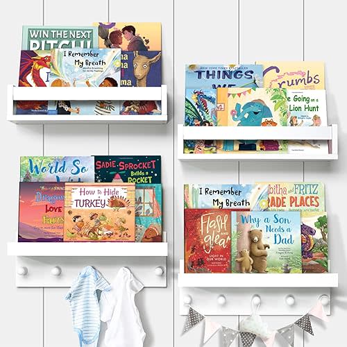 Set of Four Floating Book Shelves for Wall, Nursery Book Shelf for Kids Room, Bamboo Wood Hanging Bookshelf for Baby Teen Boys Girls, Wall Mounted Shelves for Bedroom Bathroom Decor(Straight)