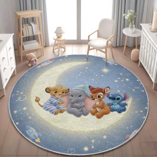 Round Disney Baby Nursery Rug with Moon and Stars Featuring Simba Dumbo Bambi Stitch - Cute Disney Rug - Baby Room - Newborn Gift - Baby Rug