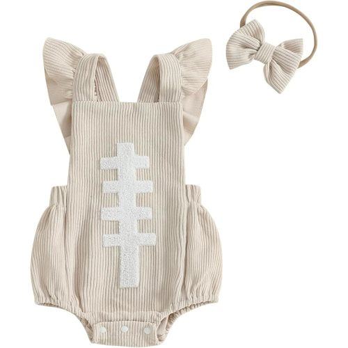 Infant Baby Girl Football Outfit Embroidery Ruffle Sleeve Romper Corduroy Bodysuit Jumpsuit Heaband Game Day Clothes