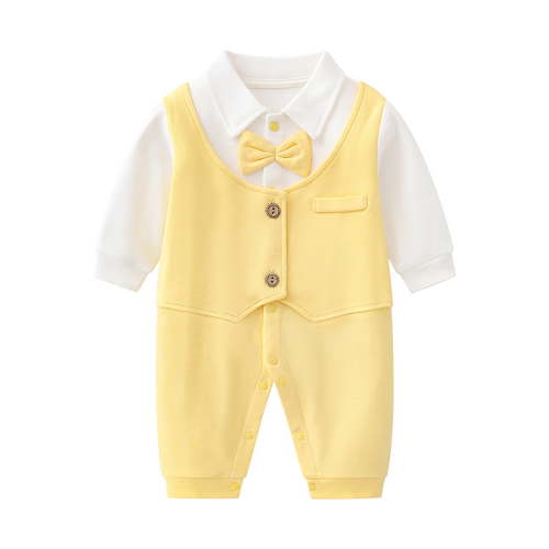 Gelikeya Baby Boy Clothes Gentleman Toddler Rompers Long Sleeve Bowtie Jumpsuit Outfits Formal Wear Tuxedo Suit (#04 Yellow, 0-3 Months)