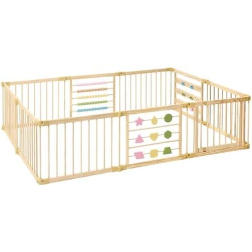 ZETY Natural Wood Baby Playpen, 10 Panel Foldable Play Yard, Door & Toys