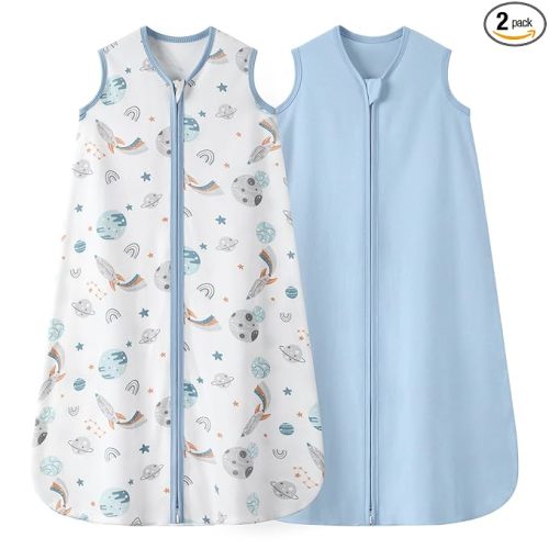Baby Sleep Sack 12-18 Months 0.5 TOG, 100% Cotton Baby Wearable Blanket 2 Pack with 2-Way Zipper, Lightweight Sleep Bag for Boys & Girls Toddler Breathable Sleeing Sack Blue Rokets