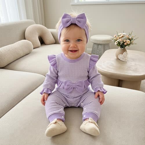 Socutebabe Newborn Baby Girl Clothes Long Sleeve Striped Jumpsuit Headband