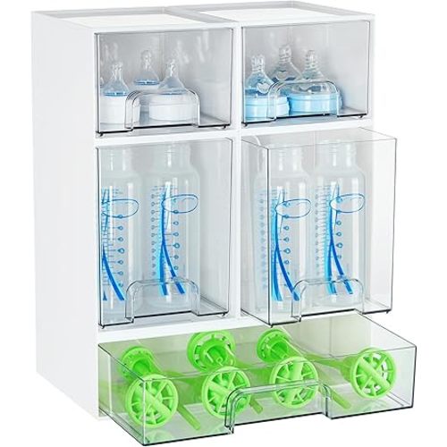 Vtopmart Stackable Storage Drawers Set of 5, Plastic Organizer Bins for Baby Bottle, Beauty Supplies Storage, Ideal for Kichen Countertop, Vanity, Bathroom, Cabinet, Pantry Organization,White