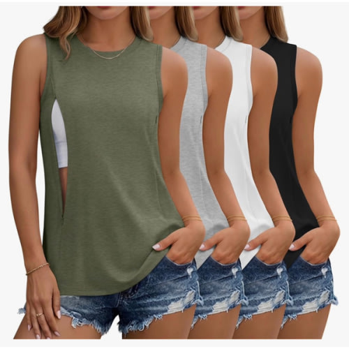 4 Pack Women's Nursing Tank Tops for Breastfeeding Hidden Zippers Sleeveless Nursing Shirts Loose Maternity Tops