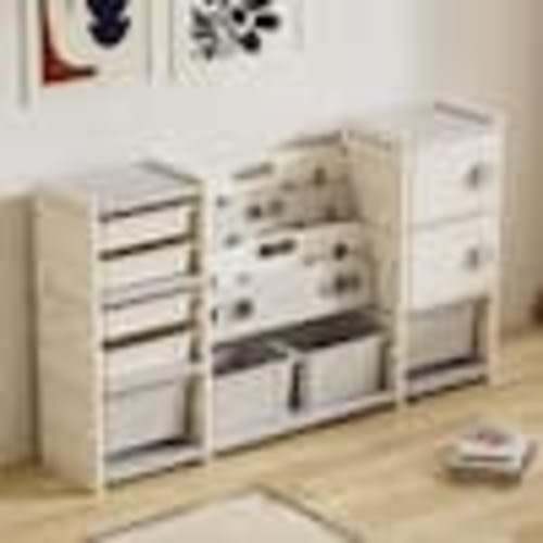 Seafuloy Classic Series Gray and Ivory Polyethylene Kids Storage Box Cabinet with Removable Bins and Bookshelf kyst-8-2