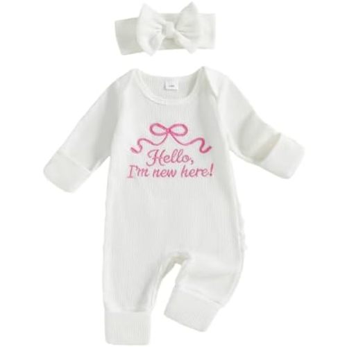 Preemie Baby Girl Clothes Newborn Coming Home Outfits Hello I'm New Here Waffle Knit Romper Long Sleeve Jumpsuit