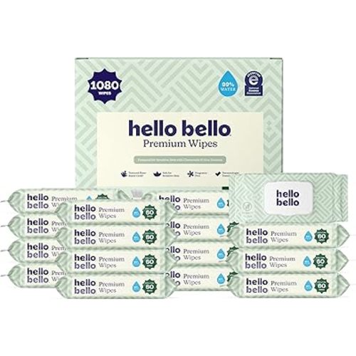 Hello Bello Premium Wipes, Designed for Sensitive Skin with Chamomile & Aloe Extracts, Simply Sage (18 Resealable Packets = 1080 Total Wipes)