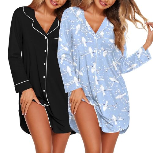Ekouaer 2 Pack Nightgowns for Women Long Sleeve Night Shirt Button Down Sleep Shirt V-Neck Sleep Dress Pajama Sleepwear