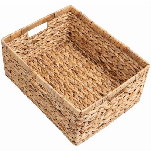 Natural Water Hyacinth Woven Storage Baskets 16.5" x 13" x 7.5", Rectangular Wicker Basket with Built-in Handles, Jumbo, 1 Pack