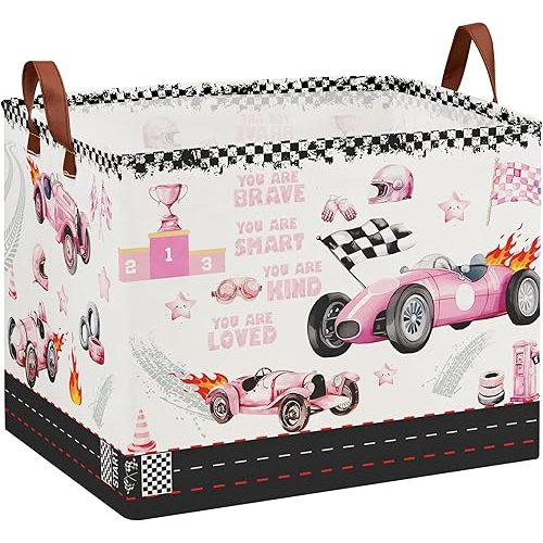 Race Car Storage Basket, 36L Vintage Pink Laundry Hamper for Baby Girls, Collapsible Tire Toy Box, Kids Organizer for Toy Car Stuffed Animals Towels Blankets Wet Clothes Books