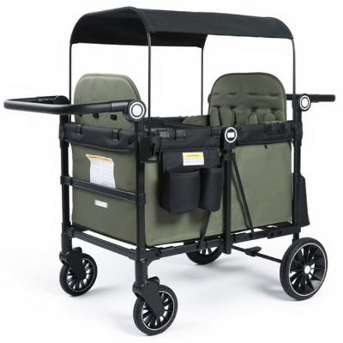 Kinder King All-Terrain Stroller Wagon for 4 Kids with Canopy, Shock-Absorbing Wheels, Snack Tray, Storage Bag & Adjustable Handle, Green