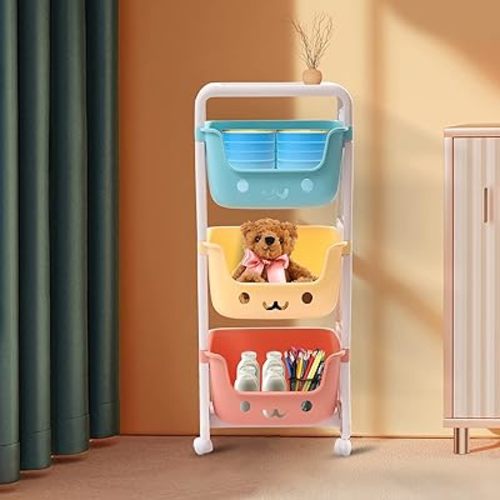 YIYIBYUS Kids Toy Box Storage Organizer 3-Tier Utility Rolling Cart with Universal Wheels, Cute Smiley Design, Doll Toys Snacks Bins Rack Shelf for Children's Rooms, Living Rooms